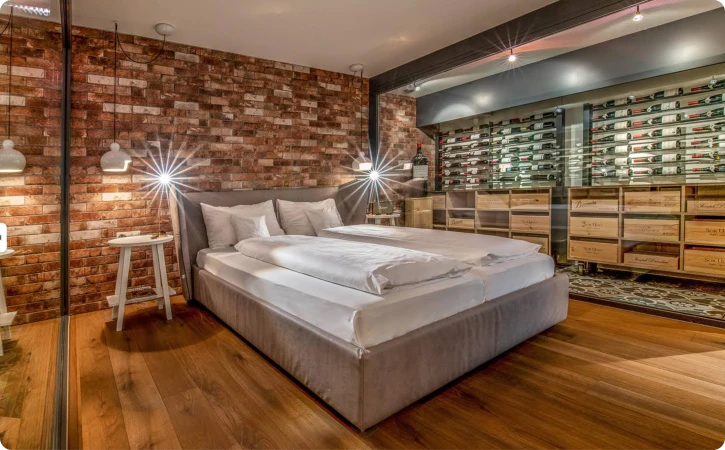 Modern hotel room with wine cellar